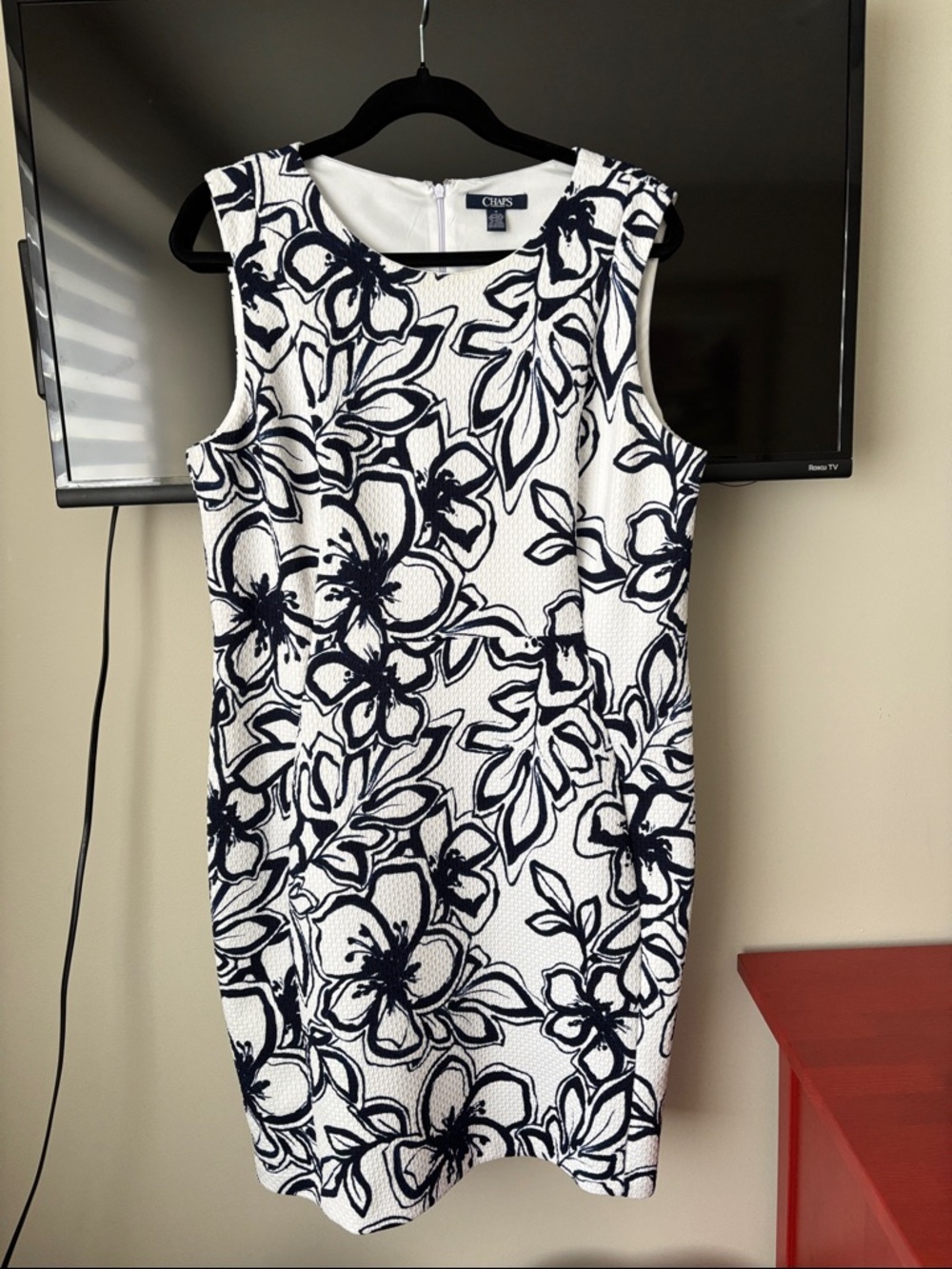 Chaps White and Navy Floral Sheath Dress